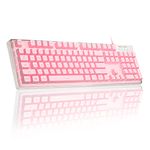 Gaming Keyboard, 7 Solid Colors Backlit Wired Gaming Keyboard with Clear Housing and Double-Shot Keycaps, MageGee K1 Waterproof Ergonomic 104 Keys Light Up Keyboard for PC Desktop Laptop, Pink