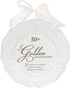 Malden International Designs Glazed Ceramic 50th Anniversary Plate with Gold Accents and Ribbon for Hanging, 9x9, White