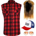 SATINIOR Blonde Mullet Wig for Men 70S 80S Rock Disco Star Style Costume Sleeveless Plaid Shirt Metal Frame Blonde Sunglasses Vintage Style Hat (X Large Shirt)