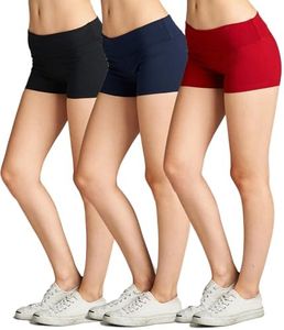 Emmalise Women's Active Yoga Shorts Low Rise Fold Over Workout Dance Pant (Large, 3Pk, Black Navy Red)