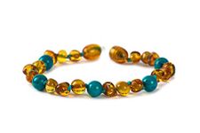 Baby J's - Cognac and Turquoise Coloured Bracelet/Anklet - Premium Amber Bracelet - Handcrafted with 100% Baltic Amber - Fitted with a Safety Screw Clasp - Knotted to Prevent Scattering - 16cm