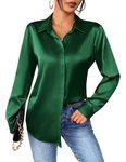 Zeagoo Womens Blouse Satin Shirt V Neck Long Sleeve Casual Solid Shirts Button Down Blouses Business Office Work Tops T Shirts Green XL