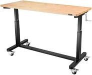 WORKPRO 60” Height Adjustable Work Table with Crank Handle and Casters, 60” x 24” Wooden Top Standing Desk Workbench, Heights from 29”-38”, 500 Lbs Load Capacity for Garage, Office, Home