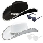 Silom Cowboy Hat,2pcs Halloween Costume Cowgirl Hat for Women Men Adult Western Cow Girl Hat with Heart Glasses Dress Up Cow Girl Costume for Bachelorette, Bachelor Party (black+white)