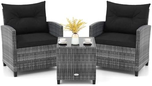 KOTEK 3 Piece Patio Furniture Set, Outdoor PE Rattan Conversation Set with Washable Cushions & Tempered Glass Tabletop, Wicker Chairs and Table Set for Porch, Garden, Balcony (Black)