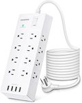 Extension Cord 10 Ft, Power Bar Surge Protector with 16 Outlets 4 USB Ports, Flat Plug, Overload Protection, Wall Mount, Power Strip Desk Charging Station for Home Office College Dorm Room Essentials