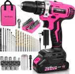 Pink Cordless Drill Set, 20V Lithium-ion Power Drill Set for Women with 67Pcs Drill Driver Bits, 3/8"Keyless Chuck, 25+1 Position Electric Drill, 2.0Ah Battery, Fast Charger and Storage Bag Included