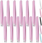 Swpeet 12Pcs 3.79 Inches Purple Eyebrow Tweezers Stainless Steel Slant Tip Tweezers Kit, Professional Eyebrow Facial and Hair Remover, Slant Pointed Precision Tweezers Fits for Men and Women