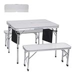 WGOS Camp Table Folding Camping Table Picnic Table Bench Set w/ 2 Benches, Table with Umbrella Hole for Adult for Kids (Off-White)