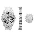 Charles Raymond Bling-ed Out 3 or 2 Row Tennis Men's or Miami Cuban Bracelet - Your Choice!! with Hip Hop Roman Numeral Dial Watch and Bling Ring - L0503, Silver with 3 row Bracelet, 11, Modern