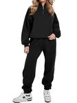 REORIA Women Warm Half Zip Cotton Lounge Wear Sets Soft Co Ord Sets Plus Size Two Piece Outfit Thick Tracksuits Full Set With Fleece Lining Black M