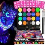 Jim&Gloria Face Painting Kit for Kids Professional Halloween Party Makeup, Skin Safe Facepaint Body Paint Palette - Metallic, Glow in the Dark + Tattoo Stencils, Brushes, UV Black Light Christmas Gift