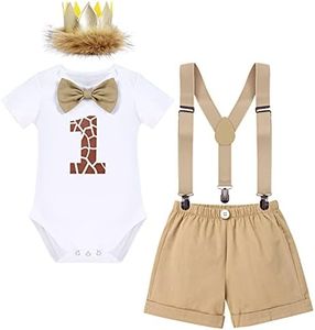 IBAKOM Bébé Garçons Mon 1er Anniversaire Tenues Barboteuse Body + Pantalon Court + Bretelles + Bandeau 4pcs Jungle Safari Mottoparty Photoshoot Vêtements Kaki 12 mois