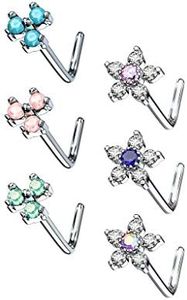 FIFTH CUE 20G 6 CZ Flower Top 316L Surgical Steel L Bend Stud Nose Ring (6pc Assorted Mix w/Box)