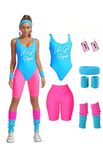 MIAIULIA Womens 80s Workout Costume Outfit 80s Accessories Set Neon Shorts Earring Leg Warmers Headband Wristbands lets get physical Short Blue XL