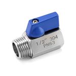 QWORK® Stainless Steel Mini Ball Valve with Reduced Bore, PN63, 1/2" Female x Male Thread, Blue Handle