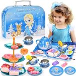 MINNOT Tea Party Set for Little Girls - Frozen Toys for Girls - Elsa Princess 46 Pack Kids Kitchen Pretend Toy with Tin Tea Set, Desserts & Carrying Case - Birthday Gift for Age 3 4 5 6 Year Olds