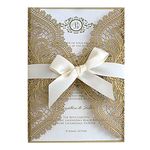 Picky Bride 50PCS Gold Lace Wedding Invitations Suite Elegant Laser Cut Invitation Wedding Cards - Set of 50 (Blank Invitations)