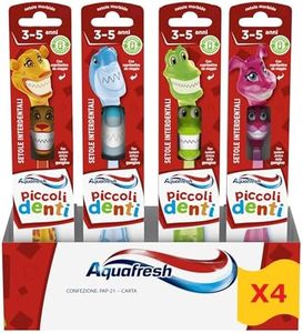 Aquafresh Piccoli Denti, Spazzolino da denti per bambini con denti da latte, per bambini da 3 a 5 anni, morbido per le gengive, confezione da 4 unità (inviate in modo casuale)