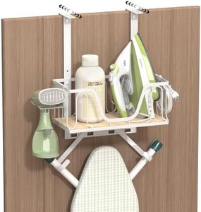 Ironing Board Hanger, CUFURNIX Wall-Mount & Over-Door Iron Holder, Adjustable for Door Thickness, Fits T&Y Shaped Legs, High-Sided Basket & Side Hooks for Laundry, Sewing Room, White