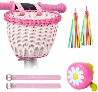 SVNR Bike Basket, Kids Bike Basket Front, Handwoven Bicycle Baskets for Boys and Girls, Children Bicycle Baskets with Spare Leather Straps and Bell, Easy Install and Detachable