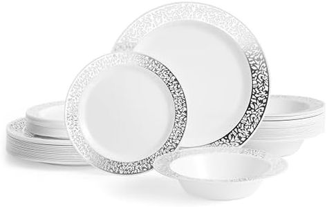 MATANA 75 Pcs Assiettes & Bols en Plastique Blanc avec Bordure Argentée – 25 Assiettes Plates, 25 Assiettes à Dessert, 25 Bols – Vaisselle de Fête Élégant & Réutilisable pour Fêtes, Mariages