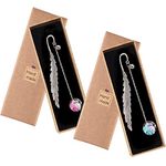 2 Pcs Metal Feather Bookmarks, Creative Vintage Bookmark with 3D Butterfly Dry Flower Pendant Classical Handmade Bookmark Valentine's Day Birthday Gifts for Women Girls Students Readers (Pink Blue)