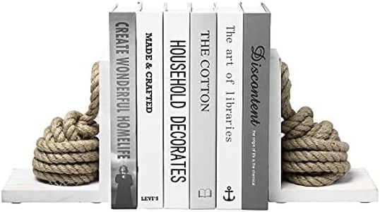 MyGift Vintage White Wood L-Shaped Decorative Bookends with Nautical Knot Rope Design, Cape Cod Style Decor Book Ends,1 Pair