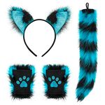 Faux Fur Shining Fox Cat Cosplay Costume Set Wolf Cat Ears Headband Gloves and Animal Tail Kit Colorful Furry Fox Wolf Hair Hoop Long Tail Kit Animal Dress Up Fancy Dress Halloween Party Costume