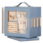 Seelux Jewellery Box 360° Rotating, Jewellery Organiser with Transparent Window, Mirror, 12 Drawers, Large Jewellery Display Storage Case for Girls Women (Grey Blue)