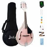 Mulucky A Style Mandolins Instrument, 8 String Acoustic Mandolin with Beginner Kit for Adults Kids, Case, Tuner, String, Picks - Pink