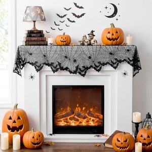 AerWo Halloween Decorations Indoor Halloween Fireplace Mantel Scarf, Black Lace Fireplace Cover for Halloween Mantle Decor Party Supplies,18 x 98 inch