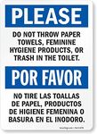 SmartSign "Please Do Not Throw Paper Towels, Feminine Hygiene Products, Or Trash In The Toilet" Bilingual Label | 3.5" x 5" Laminated Vinyl