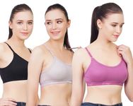 B-SOFT Medium Impact Sports Bra for Women | Daily Use | Non-Wired | Non-Padded | Seamless Bra | Full Coverage | Suitable for Gym,Yoga,Workout-34 (Black,Purple & Silver)