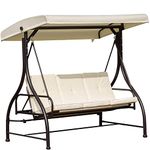 Outsunny 3 Seater Canopy Swing Chair Garden Swing Seat Bed Porch Hammock Heavy Duty 2 in 1 Garden Bench Lounger Bed with Metal Frame - Cream White