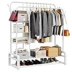 LOEFME Clothes Rail with 4 Hooks and Storage Shelves, Heavy Duty Clothes Rack, White Clothes Rails for Bedroom, Double Garment Rack for Clothes, Coats, Bags, Shoes, Boots