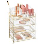 mDesign Plastic Cosmetic Organizer Storage Station with 3 Drawers and 16 Divided Sections for Bathroom, Cabinet, Countertops - Holds Eye Shadow Palettes, Brushes, Blush, Mascara - Soft Brass/Clear