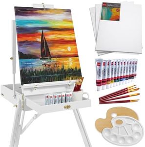Best Choice Products Art Easel for Painting, Portable Wooden Adjustable Artist Tripod with Sketch Box, 32-Piece Art Set with Acrylic Paints, Brushes, Canvases & Palette - White