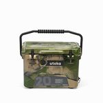 Utoka 20 Cool Box, Camo – 18 Litre Capacity Portable Hard Cooler With Carry Handle, Keeps Food & Drink Cool For 5 Days, Includes Bottle Opener, Cup Holder, Chopping Board For Picnics & Overnighters