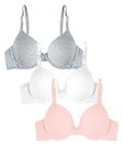 Fruit of the Loom Women's T-Shirt Bra, Opaque, Blushing Rose/White/Grey Heather, 38C (Pack of 3)