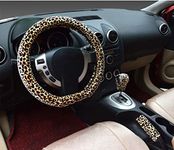 3 in 1 Soft Leopard Car D Shape Steering Wheel Cover Handbrake Grip Gear Shift Collar Covers Short Plush Warm Winter (Beige, D)