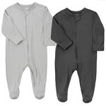 Aablexema Baby Footie Pajamas Zipper - Rayon from Bamboo Infant Footed Pjs with Mittens Sleepwear Jammies, Light Grey and Black Grey, 3-6 Months