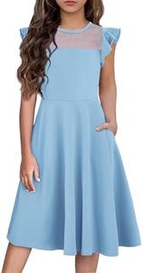 Flypigs Girls Dresses Summer Formal Party Wedding Ruffle Sleeve Mesh A Line Dress with Pockets, Light Blue, 12-13 Years