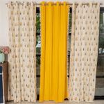 Urban Space 100% Cotton Curtains for Door, Set of 3 Curtains 7 feet Long, 60-65% Room Darkening Curtain, Tieback & Eyelets Included with Curtains for Home Decor (High Garden & Yellow, 7 Feet)