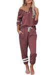 FARORO Women Loungewear Pajama Sets Pullover 2 Pieces PJ Set Nightwear Sleepwear Sweatsuits with Pockets Wine