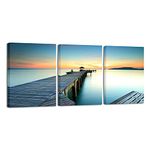 Wieco Art 3 Piece Seascape Canvas Prints Wall Art Sunset Ocean Beach Pictures Paintings for Kitchen Bedroom Home Wall Decorations Bridges over the Sea Modern Stretched and Framed Giclee Artwork