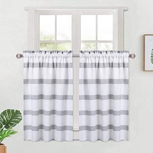 LinTimes Waffle Weave Cafe Curtains, Yarn Dyed Striped Pattern Rod Pocket Bathroom Window Curtains Farmhouse Home Decor Half Window Tier Curtains Kitchen Curtain Sets, 30" W x 24" L, Grey, Set of 2