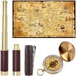 Pirate Spyglass Monocular Telescope Treasure Map Pocket Compass Kids Toys Set, Handheld Collapsible 25x30 Zoomable Spyglass Polyester Fabric Huge Map & Golden Compass Boys Gift for Pirate Lovers