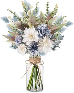 Fake Flowers Artificial Flowers with Vase, Faux Flowers in Vase, Floral Arrangements Artificial Plants Silk Flowers for Home Coffee Table Decor Indoor Centerpiece Dining Table Decorations (Blue White)