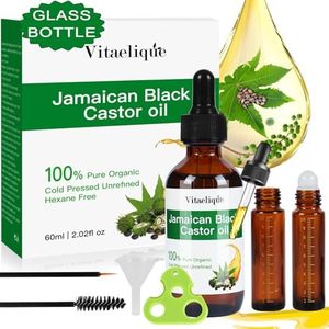 Vitaelique Jamaican Black Castor Oil, Cold Pressed Organic Pure Unrefined Glass Bottle Hair Oil For Hair Growth, Natural Carrier Oil for Thicker Eyebrows Eyelashes, Scalp, Face, Skin Moisturizer